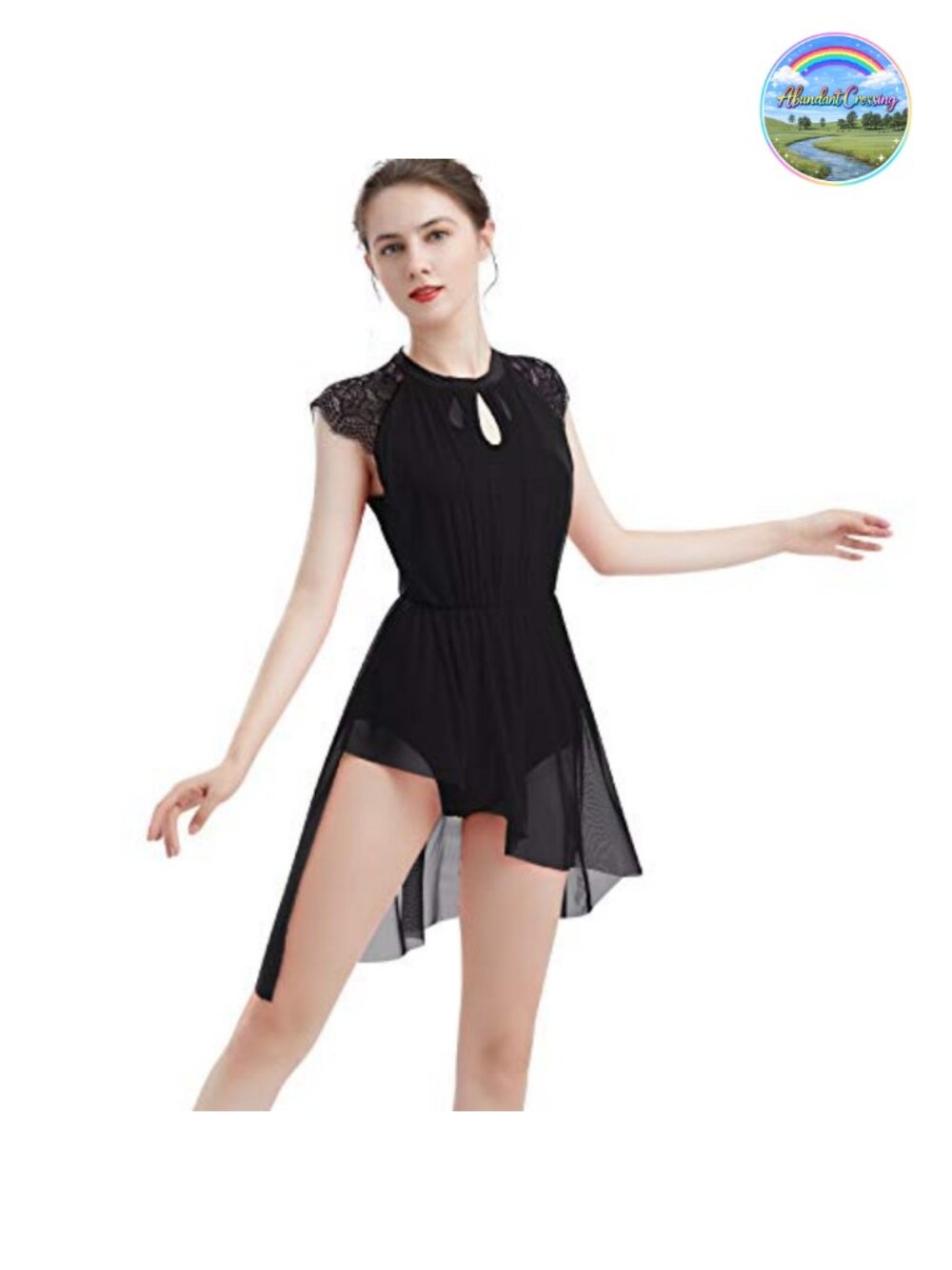 Lyrical Dance Costume Lace Leotard Dress Asymmetrical Mesh Skirt